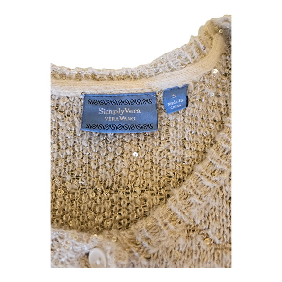 Simply Vera Vera Wang Small Beige Long Sleeve Sequin Knit Button Up Sweater - Picture 3 of 9